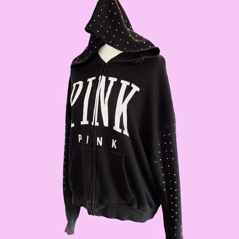 Victoria's Secret PINK Black Bling Rhinestone Zip up Hoodie ~ Size M
